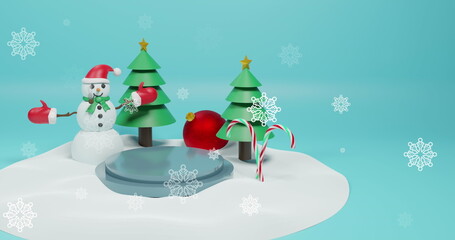 Image of snow falling over christmas decorations with snowman on blue background