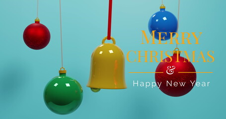 Image of christmas greetings text over christmas baubles on blue background © vectorfusionart