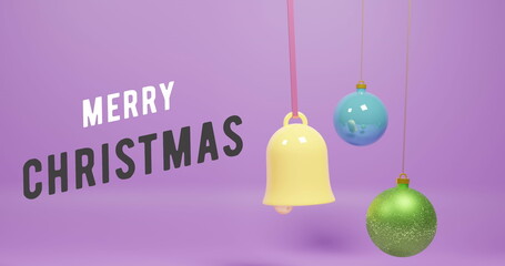 Image of christmas greetings text over christmas baubles on purple background © vectorfusionart