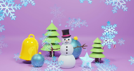 Image of snow falling over christmas decorations with snowman on purple background