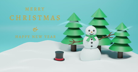 Image of christmas greetings text over snowman and trees on blue background