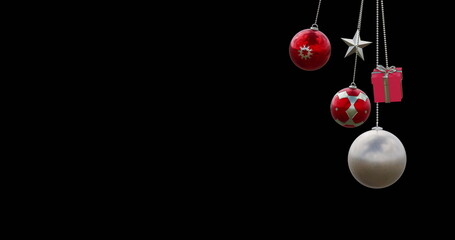 Image of christmas baubles decorations on black background