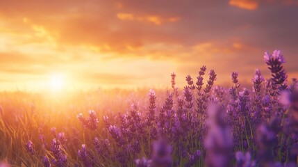 Fototapeta premium Serene Lavender Field at Sunset with Vibrant Colors and Soft Light