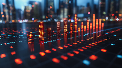 A city skyline with a large red line that is below the skyline