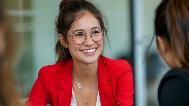 A smiling businesswoman is having an interview with another woman in the office, stock photo for human resources and customer service concepts.