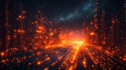 Obraz premium Futuristic cityscape with glowing data streams.