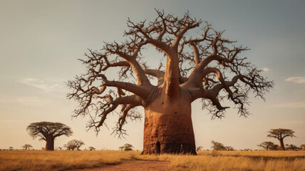 Stunning landscape with a line of majestic baobab trees silhouetted against a golden sunset sky.South African natural landscape for travel, nature and African-themed projects