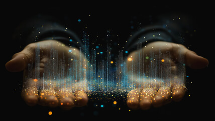 Two hands holding a glowing cityscape