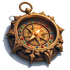 A golden compass with colorful gems  an intricate navigational tool for adventurers and explorers, digital art of object still life concept.