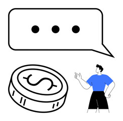 Businessman pointing at a coin with a dollar sign and a speech bubble with ellipsis. Ideal for finance, communication, discussions, presentations, brainstorming, investments, economic concepts. Line