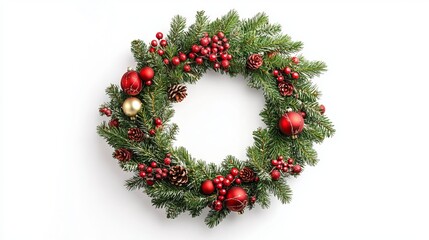 Isolated on a white backdrop is a festive Christmas wreath.