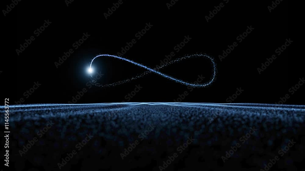 Poster seamless loop dark dotted wave with infinity symbol animation.