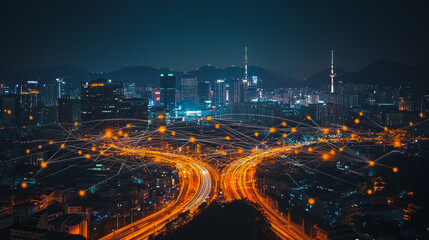 Obraz premium Smart digital city with connection cyber security network reciprocity over the cityscape . future smart wireless digital city and social media networking systems that connects people within the city