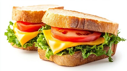 Slices of gouda on bread and a cheese sandwich are isolated against a white backdrop.