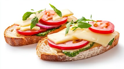 Slices of gouda on bread and a cheese sandwich are isolated against a white backdrop.