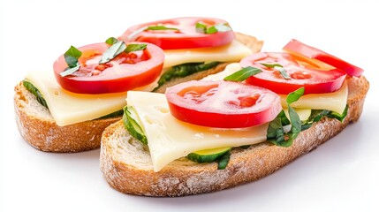 Slices of gouda on bread and a cheese sandwich are isolated against a white backdrop.