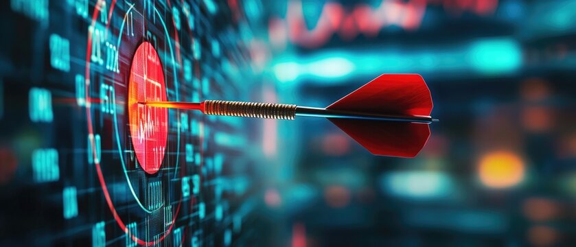 the dart is stuck on the target with stock market background, make a plan to reach your goals and success in terms of financial freedom and doing business