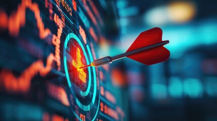 the dart is stuck on the target with stock market background, make a plan to reach your goals and success in terms of financial freedom and doing business