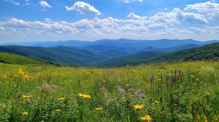 Fototapeta premium Lush Green Mountain Range Under Clear Blue Sky with Wildflowers