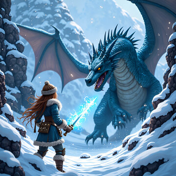 Brave hero faces a majestic ice dragon in a snowy realm of adventure and magic, digital art of fantasy scene concept.