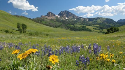 Lush Green Mountain Range with Colorful Wildflowers Under Clear Sky