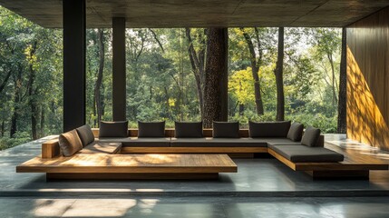 Fototapeta premium Modern Minimalist Living Space with Wooden Accents Surrounded by Lush Greenery and Floor-to-Ceiling Windows in Tranquil Outdoor Setting