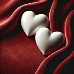 Fototapeta premium Two White Ceramic Hearts on Smooth Red Velvet Background