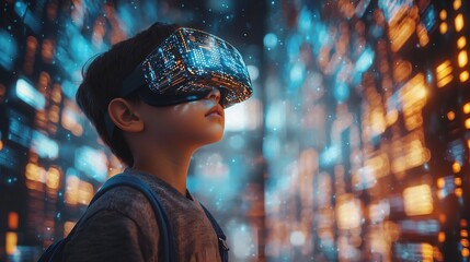 conceptual education setting with AI driven virtual tutors glowing pathways of data streams and students learning through glasses in a environment