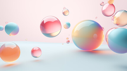 Abstract, colorful spheres bubbles, floating in a pastel gradient background