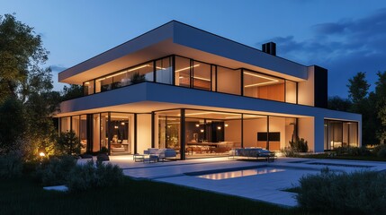 Obraz premium At night, the modern villa is illuminated by colored LED lights. There is no one inside.