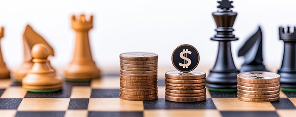 Capital cost idea. A close-up view of chess pieces with stacks of coins emphasizing strategic financial growth.
