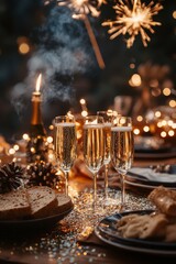 A table set up for a New Year’s Eve toast, with champagne flutes, party hats, and glitter scattered across, Generative AI 