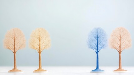 Obraz premium A minimalist arrangement of four stylized trees, with three in neutral tones and one in blue, against a soft, light background.