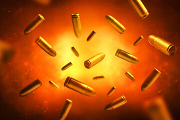 Group of golden bullets flying on fire explosion