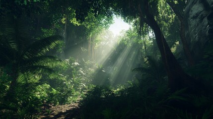 Obraz premium Lush Tropical Rainforest with Sunlight Filtering Through Trees