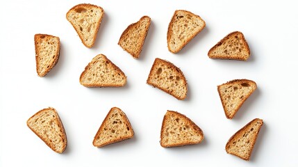 Fresh bread pieces are isolated on a white background from above.