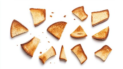 Fresh bread pieces are isolated on a white background from above.
