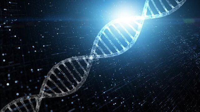 Seamless looping 3d dna chain in blue cyberspace. Concept science animation background.