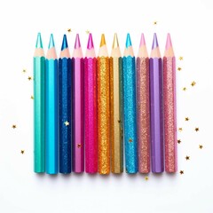  Sparkly Pencils, Isolated on white background, flat lay 