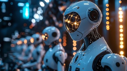 Fototapeta premium Cutting Edge STEM Education Concept with Robotic Assistants Holographic Interactive Experiments and Glowing 3D Molecular Models in a Futuristic Laboratory Setting