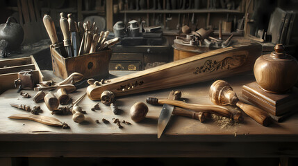 Handmade woodwork authentic techniques used to create heirloom pieces that celebrate heritage craftsmanship, photorealistic. Heirloom. Illustration