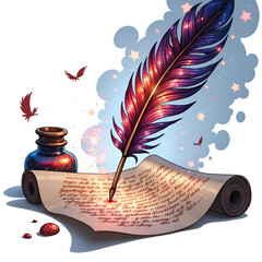 Enchanting quill writing on a scroll with starry ink and whispers of inspiration, digital art of fantasy concept.