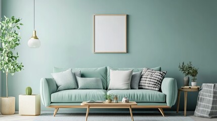 Modern mint couch, wooden console, cube, coffee table, lamp, plant, mock-up poster frame, cushions, plaid, decoration, and sophisticated home decor items are all part of this chic living room interior