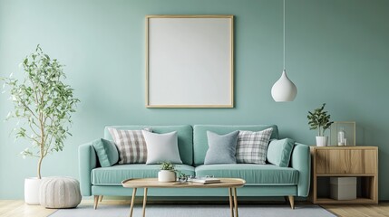 Modern mint couch, wooden console, cube, coffee table, lamp, plant, mock-up poster frame, cushions, plaid, decoration, and sophisticated home decor items are all part of this chic living room interior