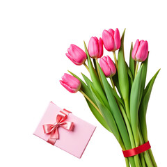 Bouquet of pink tulips on pink background with gift box, romantic floral arrangement for...