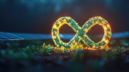 Net zero sustainability concept. An illuminated infinity symbol made of green elements representing sustainability.