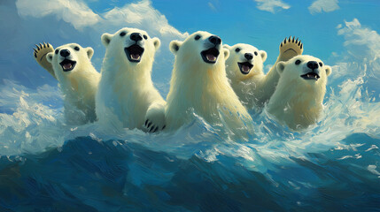 Save the Arctic. Polar bears and seals waving from melting icebergs, asking kids to save their home. Arctic, kids' painting, climate change, ecology