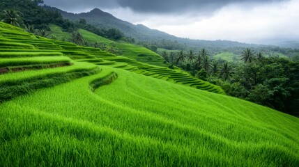 Fototapeta premium Lush green terraced rice fields stretch across rolling hills under a cloudy sky, showcasing nature's beauty and agricultural harmony.