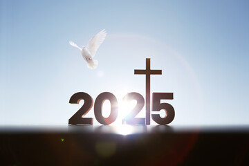 Bright rising sun and sunrise of new year 2025 with shining holy cross of jesus christ and dove...