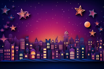 Naklejka premium Christmas street with paper stars in the sky.